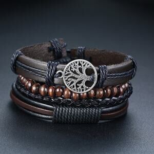 Four Piece Set Tree Charm Braided Wrap Leather Bracelets